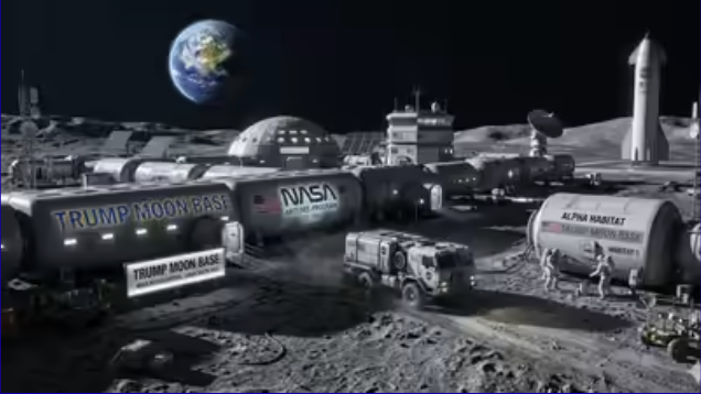 Lunar base concept render showing habitat modules, vehicles, and astronauts on the lunar surface with Earth in the background